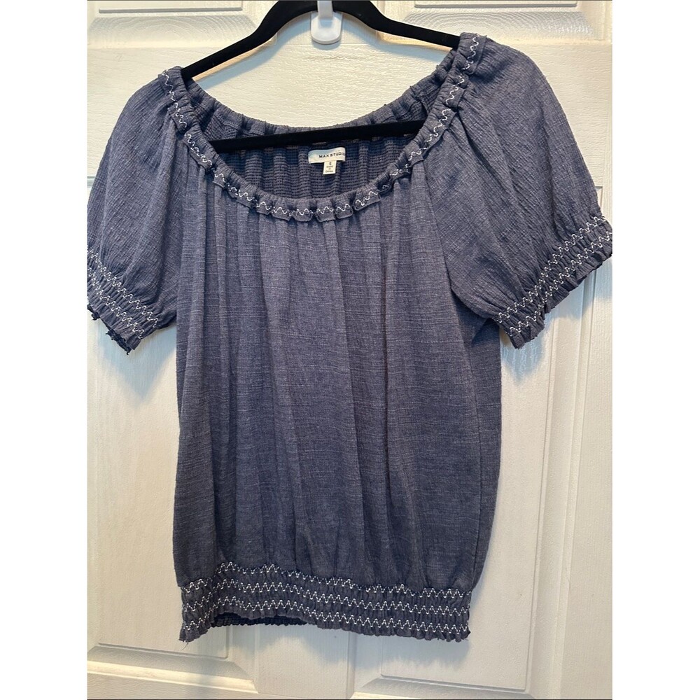 Max Studio Indigo Short-Sleeve Peasant Top Elastic Hem & Sleeves Size Small